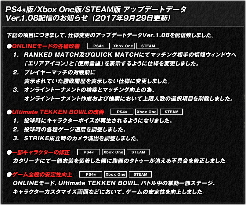 PS4®版/Xbox One版/STEAM版　アップデートデータVer.1.08配信のお知らせ