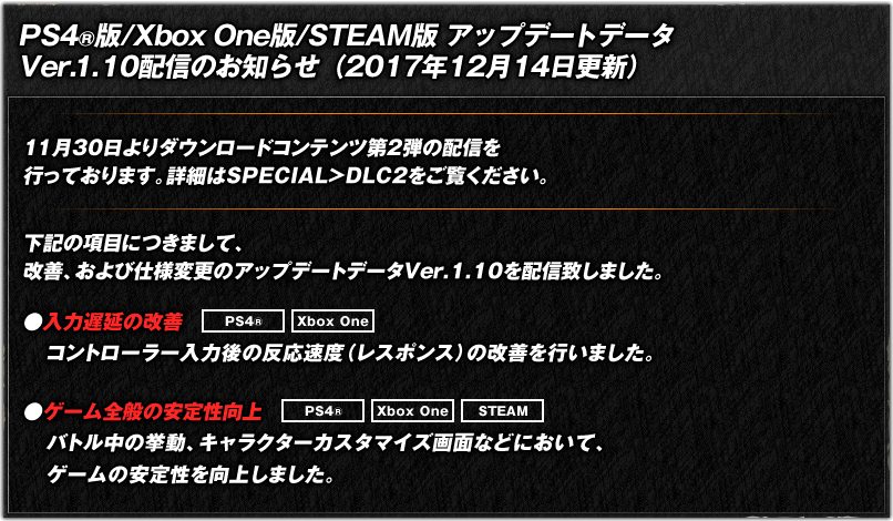 PS4®版/Xbox One版/STEAM版　アップデートデータVer.1.10配信のお知らせ